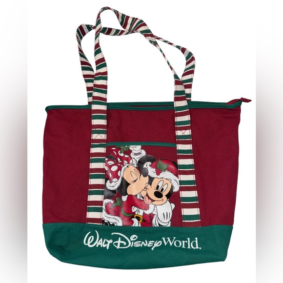 Walt Disney World Mickey Minnie Mouse Christmas Holiday Zip Canvas Tote Bag Red - Picture 1 of 7